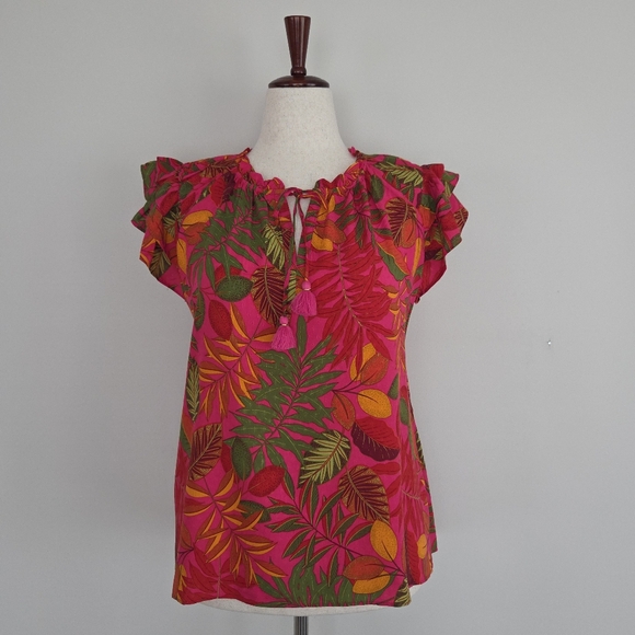 Rose & Olive Tops - Rose & Olive Hot Pink Tropical Tie-Neck Cap Sleeve Top Size L